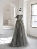 A-Line Off Shoulder Tulle Lace Gray Long Prom Dress, Gray Tulle Lace Formal Dress HZ1024