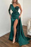 GLAMOROUS LONG DARK GREEN ONE SHOULDER LONG SLEEVE SPLIT EVENING PARTY GOWNS WITH LACE HZ1024