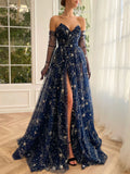 A-Line Tulle Dark Blue Long Prom Dress, Dark Blue Formal Dress HZ1024