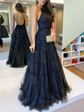 Black A-line tulle long prom dress black tulle formal party dress HZ1024