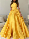 Simple yellow one shoulder satin long prom dress, yellow formal dress HZ1024