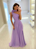 Simple purple one shoulder chiffon long prom dress, purple evening dress HZ1024