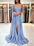 A-Line Sweetheart Neck Off Shoulder Blue Long Prom Dress, Blue Formal Evening Dress HZ1024