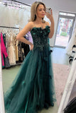 Strapless Hunter Green 3D Floral Lace A-Line Prom Dress with Slit HZ1024