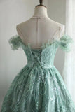 Vintage Green Appliqued Lace-up A-line Off-the-shoulder Party Dresses Homecoming Dresses, HZ1024