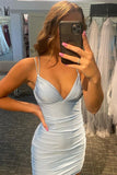 Vintage Light Blue V-neck Satin Bodycon Short Sheath Party Dress Cocktail Dress Homecoming Dress HZ1024