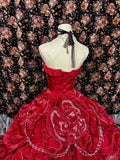 Vintage Red Sweetheart Sequin Strapless A-line 3D Flower Prom Dress Evening Gown HZ1024