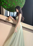 Vintage Sage Green Chiffon Prom Dress A-Line Spaghetti Strap Evening Dress Long Formal Dress HZ1024