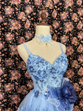 Retro Blue Floral Applique A-Line Elegant Chiffon Tiered Homecoming Dress Evening Dress Prom Dresses HZ1024