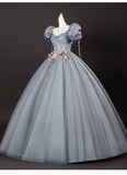 Chic Dusty Blue Sweet 16 Quinceanera 3D Flowers A-Line Puffy Sleeves Evening Dress Long Ball Gown HZ1024