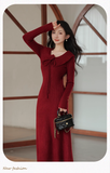 Vintage Burgundy Sheath Prom Dress Long-sleeve Evening Dress Knit Long Formal Dress HZ1024