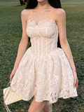 Vintage White Lace Strapless A-Line Homecoming Dress Party Dress Cocktail Dress HZ1024