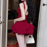 Vintage Burgundy Square-neck A-Line Ruffles Short Summer Dresses Party Dress Homecoming Dress HZ1024