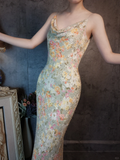 Vintage Floral Spaghetti Strap Sparkling Beaded Design Romantic Chiffon Evening Dress Prom Dress HZ1024