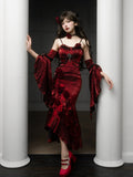 Beautiful Burgundy Spaghetti Strap 3D Rosette Detachable Flounce Sleeves Design Satin Prom Dress Evening Dress HZ1024