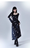 New Fashion Butterfly Pattern Design Sense Navy Blue Long-sleeved Dress HZ1024