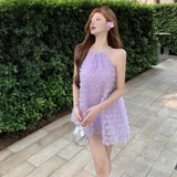 Fashion Purple 3D Flowers Tulle Design A-line Halter Homecoming Dress HZ1024