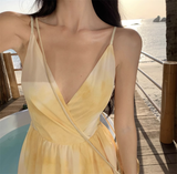 New Simple Yellow Floral Design A-Line Beach Holiday Spaghetti Strap Dress HZ1024