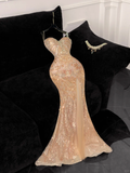 Retro Shiny Sweetheart Champagne Beaded Mermaid Elegant Chiffon Evening Dress Prom Dresses HZ1024