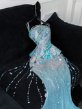 Gorgeous Sparkling Blue Sequin Beaded Mermaid Elegant Chiffon Evening Dress Prom Dresses HZ1024