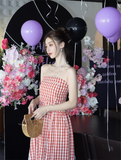 New Fashion Red Plaid Lace Patchwork Design Beach Holiday A-line Sleeveless Strapless Dress HZ1024
