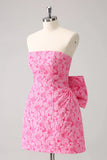 Vintage Rose Pink Bow Design A-line Floral Sleeveless Strapless Homecoming Dress HZ1024