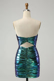 New Fashion Sparkly Teal Blue Ruched Design A-line Bodycon Strapless Short Homecoming Dress HZ1024
