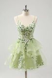 Vintage Mint Green Floral Embroidery Design A-line Spaghetti Strap Homecoming Dress HZ1024