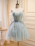 Vintage Light Blue Beaded Off-the-shoulder Design A-line Tulle Party Dress Homecoming Dress HZ1024