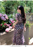 New Fashion Floaral Design V-neck Short Sleeves Mermaid Slim Long Dress HZ1024