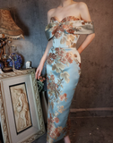 Vintage Floral Off-the-shoulder Sweetheart Design Elegant Satin Evening Dress Prom Dress HZ1024