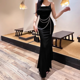 Gorgeous Black Spaghetti Strap Waist Chain Mermaid Long Prom Dress Evening Dress HZ1024