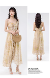 Vintage Yellow Ruffled Hem Floral Design Elegant A-line Spaghetti Strap Dress HZ1024