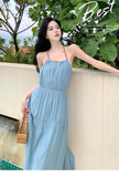 New ashion Light Blue Sleeved Backless Beach Halter Dress HZ1024