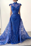 CLASSY LONG ROYAL BLUE HIGH NECK LACE SLEEVELESS EVENING PARTY GOWNS WITH DETACHABLE TRAIN HZ1024