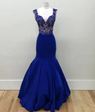 Royal blue v neck mermaid long prom dress, blue formal dress HZ1024