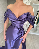 GLAMOROUS LONG PURPLE OFF-THE-SHOULDER SLEEVELESS EVENING PARTY GOWNS LONG SLIT HZ1024