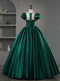 Green Round Neck Satin Lace Long Prom Dress, Green Lace Formal Dress HZ1024