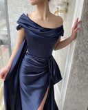 AMAZING LONG NAVY OFF-THE-SHOULDER MERMAID EVENING PARTY GOWNS LONG SLIT HZ1024