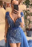 Glamorous mini v-neck long sleeveless sheath sequins evening party gowns HZ1024