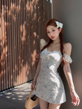 New Fashion Light Blue Floral Design A-line Sleeveless Short Floral Dress HZ1024