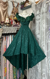 Vintage Dark Green Off-the-shoulder Irregular Hem Design A-Line Applique Prom Dress Evening Dress HZ1024