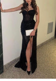 Vintage Black Glittering Sequin Strapless Sheath Long Prom Dress Party Dress Evening Dress HZ1024