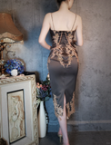 Retro Brown V-neck Beaded Spaghetti Strap Appliqued Design Elegant Satin Evening Dress Prom Dress HZ1024