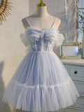 Vintage Light Blue Applique Sweetheart Spaghetti Strap Design A-line Tulle Party Dress Homecoming Dress HZ1024