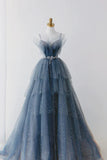 Gorgeous Blue Sparkly Tulle Beaded Prom Dress, Tiered Formal Gown With Rhinestone HZ1024