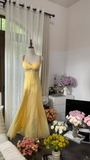 Retro Yellow Shiny Backless Design A-line Elegant Chiffon Evening Dress Prom Dress HZ1024