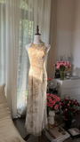 Retro Golden Sparkling Beaded Halter Dress Elegant Chiffon Evening Dress Prom Dresses HZ1024