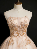 Vintage Champagne Applique Beaded Strapless Design A-line Tulle Party Dress Homecoming Dress HZ1024