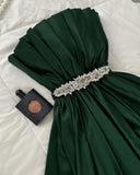 Chic Dark Green A-line Off-shoulder Sleeveless Satin Ball Gown Evening Dress HZ1024